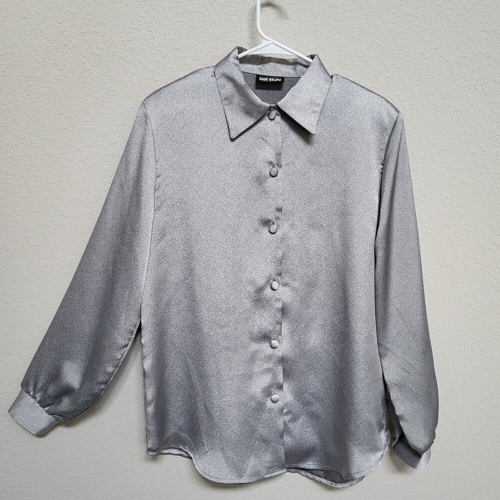 Vintage Silver Satin Button-Up Blouse
